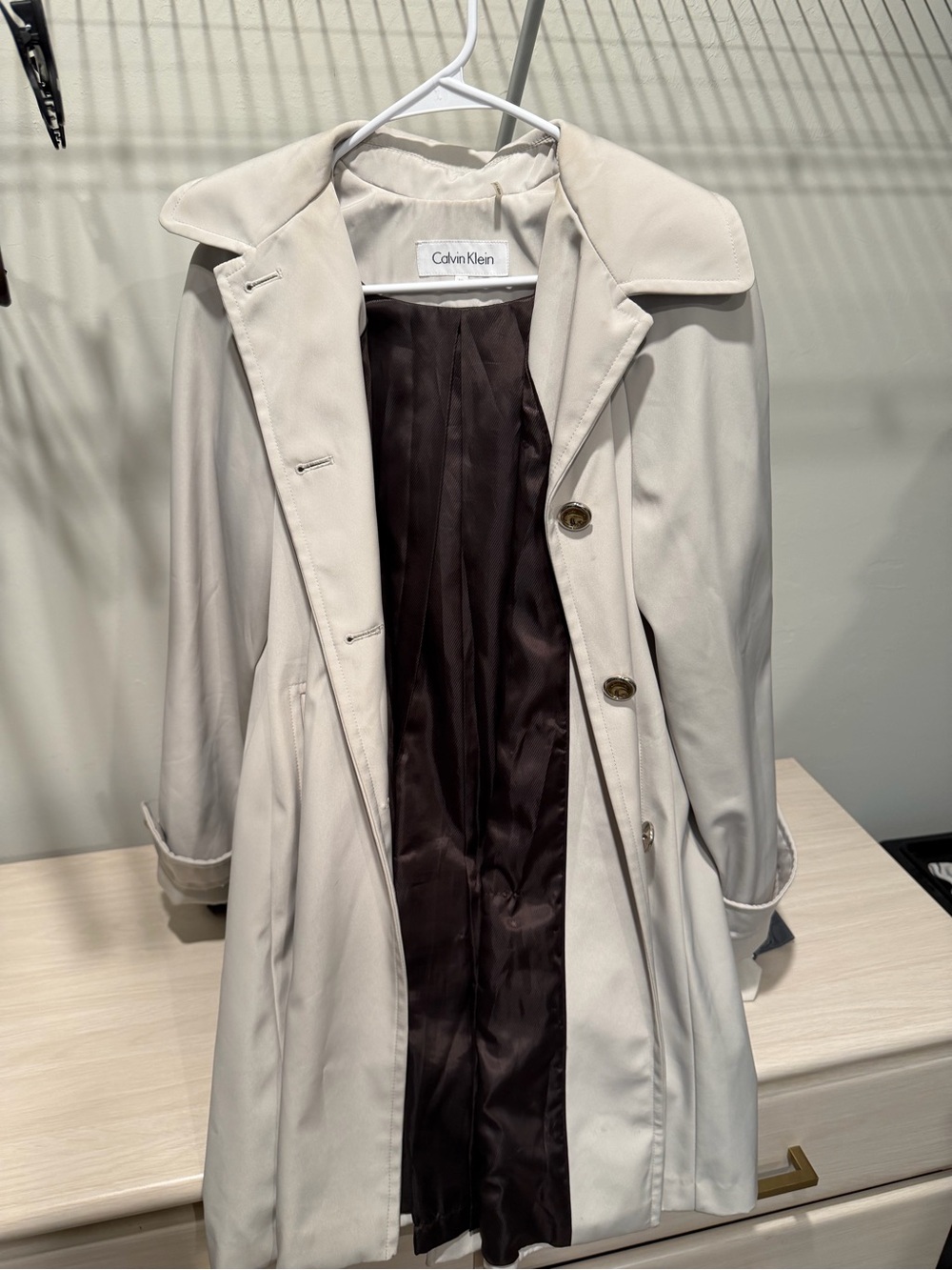 Calvin Klein Light Cream Trench Coat with Dark Brown Lining